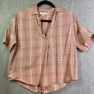 Madewell Courier Button Back Top Women's Size XS Pink Plaid V-Neck Boxy Fit